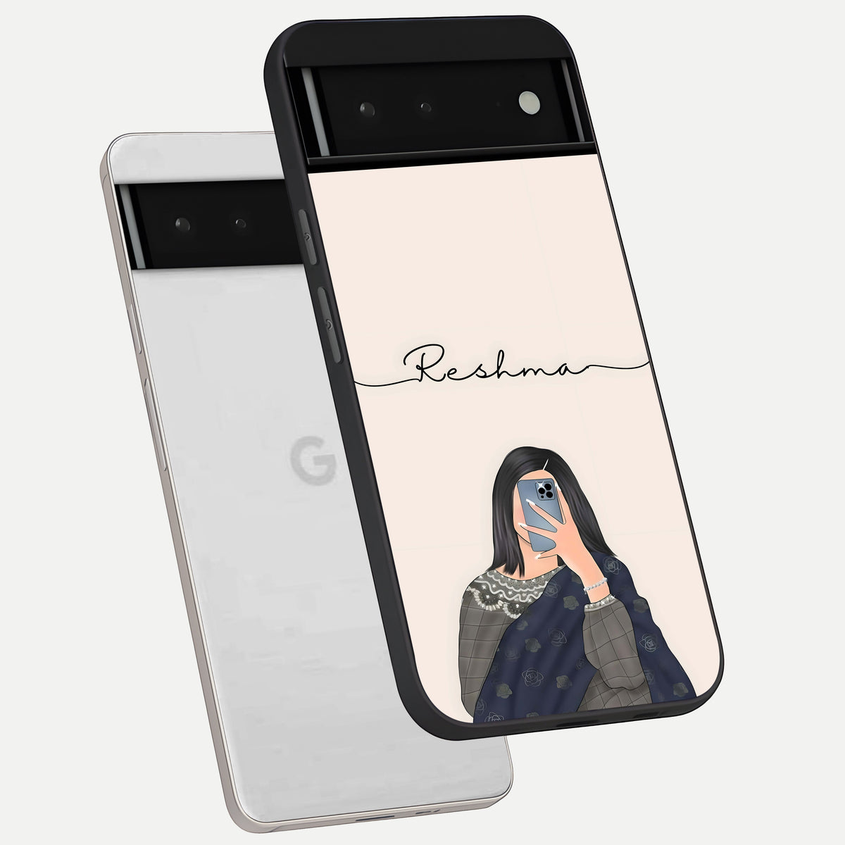  Mirror Mood Muse With Custom Name phone case For Google Pixel 6 showing premium glass back cover with detailed artwork