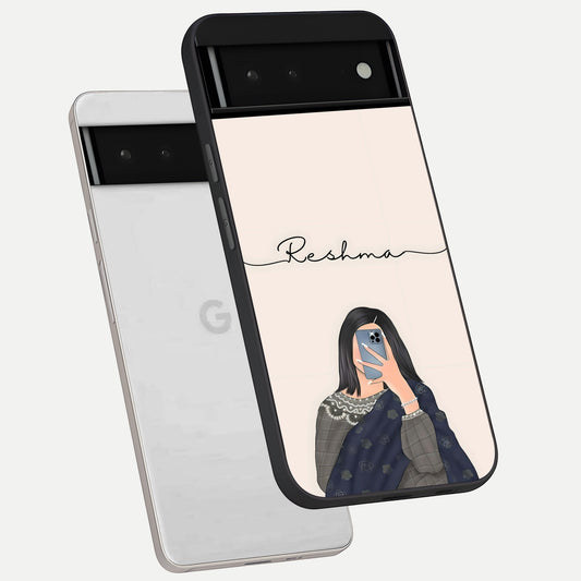  Mirror Mood Muse With Custom Name phone case For Google Pixel 6 showing premium glass back cover with detailed artwork