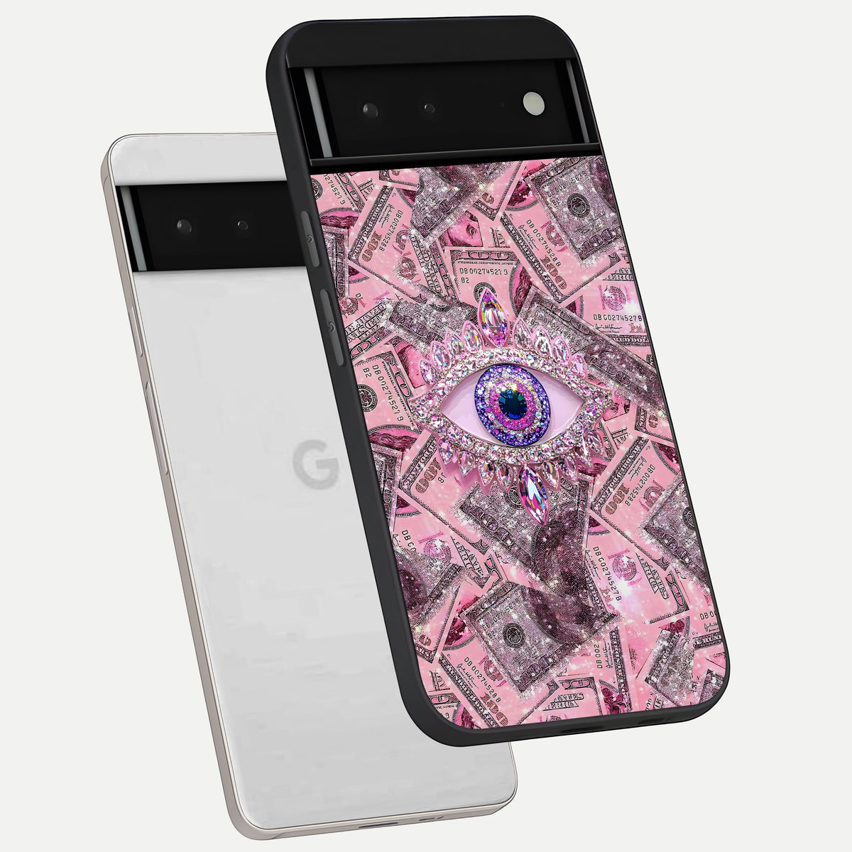  Money Eye Luxe phone case For Google Pixel 6 showing premium glass back cover with detailed artwork