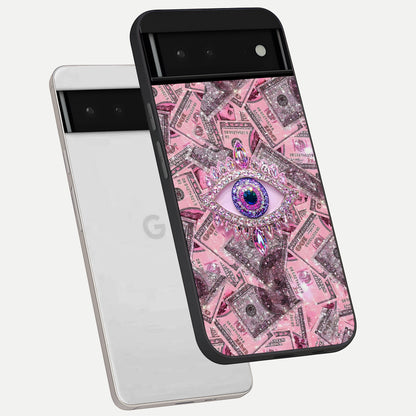  Money Eye Luxe phone case For Google Pixel 6 showing premium glass back cover with detailed artwork