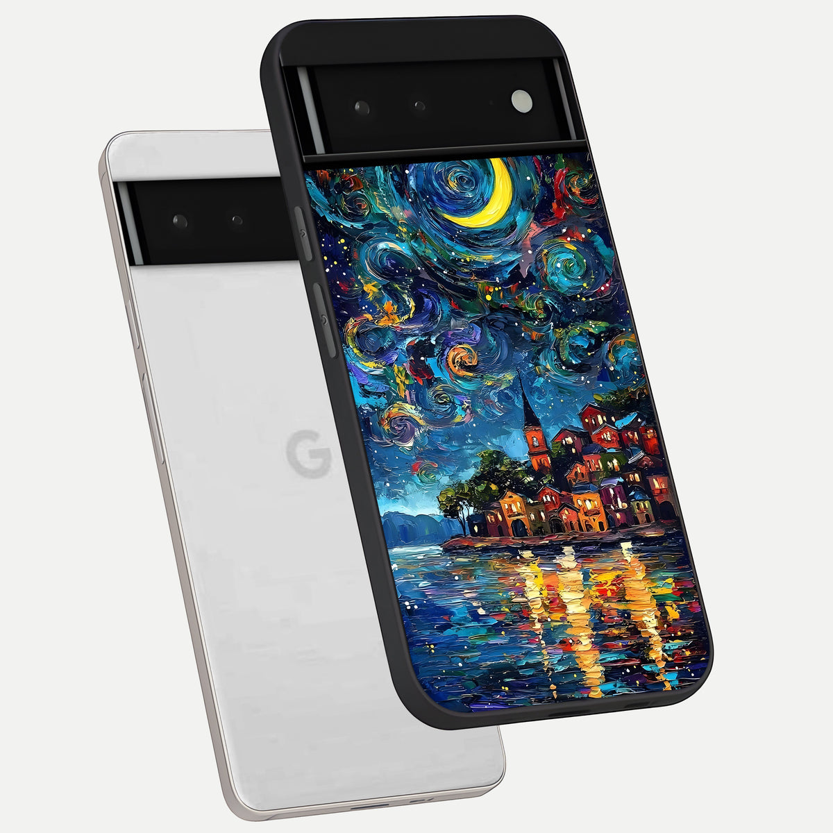  Moonlight Harbor Glow phone case For Google Pixel 6 showing premium glass back cover with detailed artwork