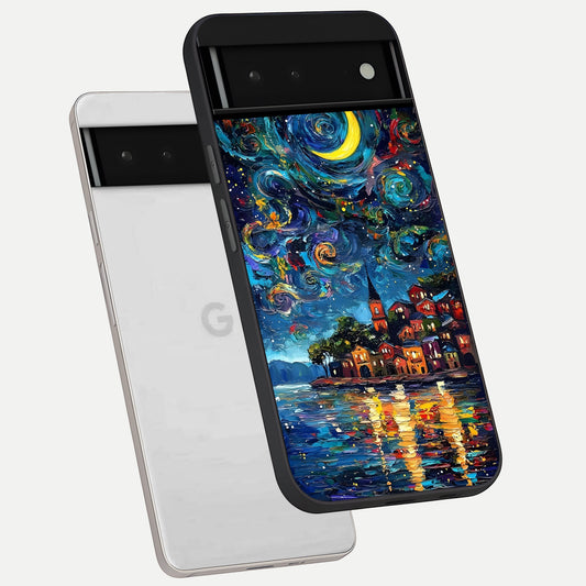  Moonlight Harbor Glow phone case For Google Pixel 6 showing premium glass back cover with detailed artwork