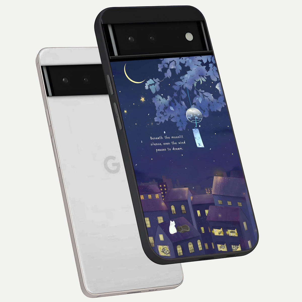  Moonlit Cat Silence phone case For Google Pixel 6 showing premium glass back cover with detailed artwork
