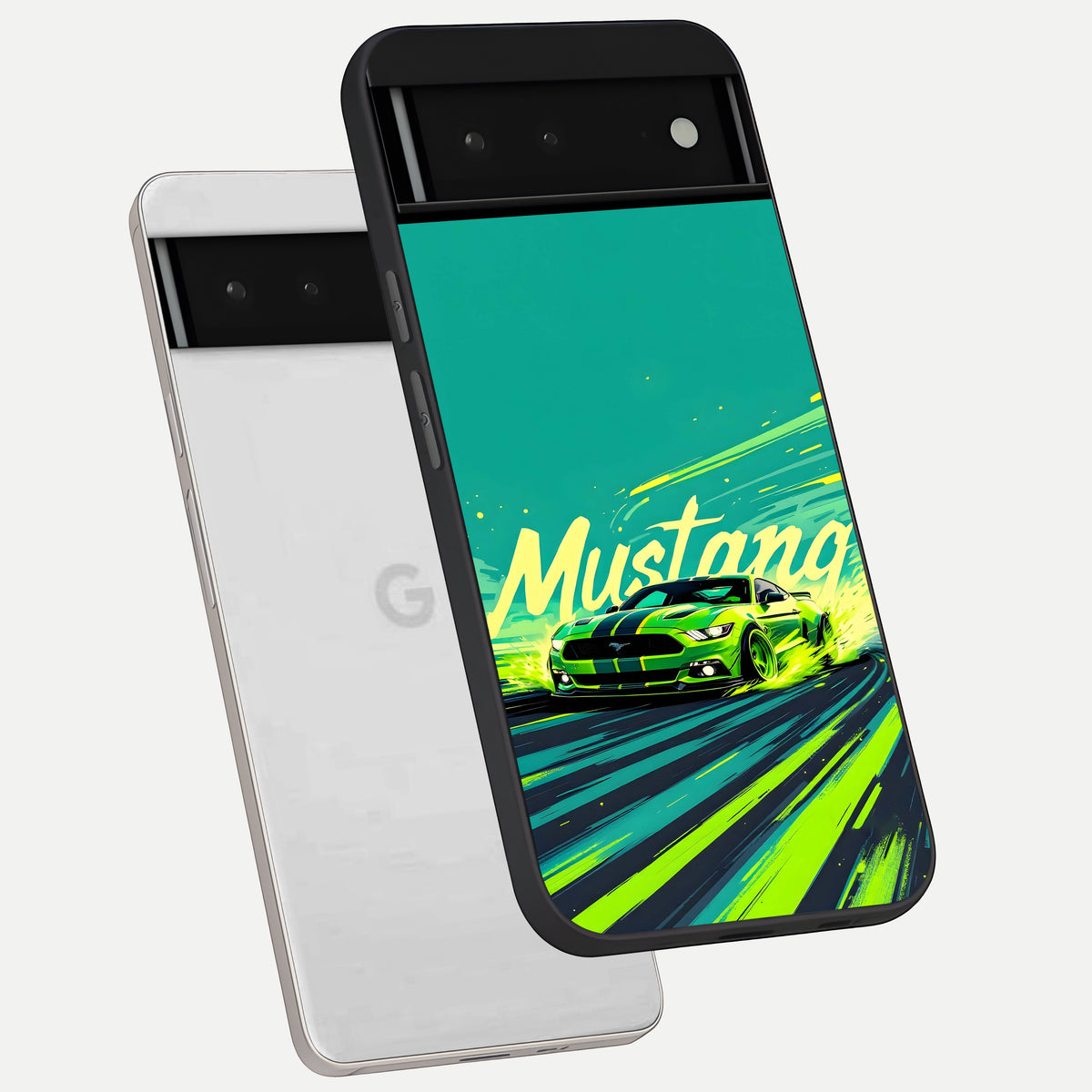  Mustang Bang phone case For Google Pixel 6 showing premium glass back cover with detailed artwork