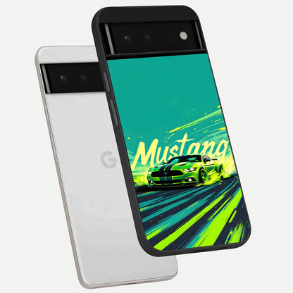  Mustang Bang phone case For Google Pixel 6 showing premium glass back cover with detailed artwork