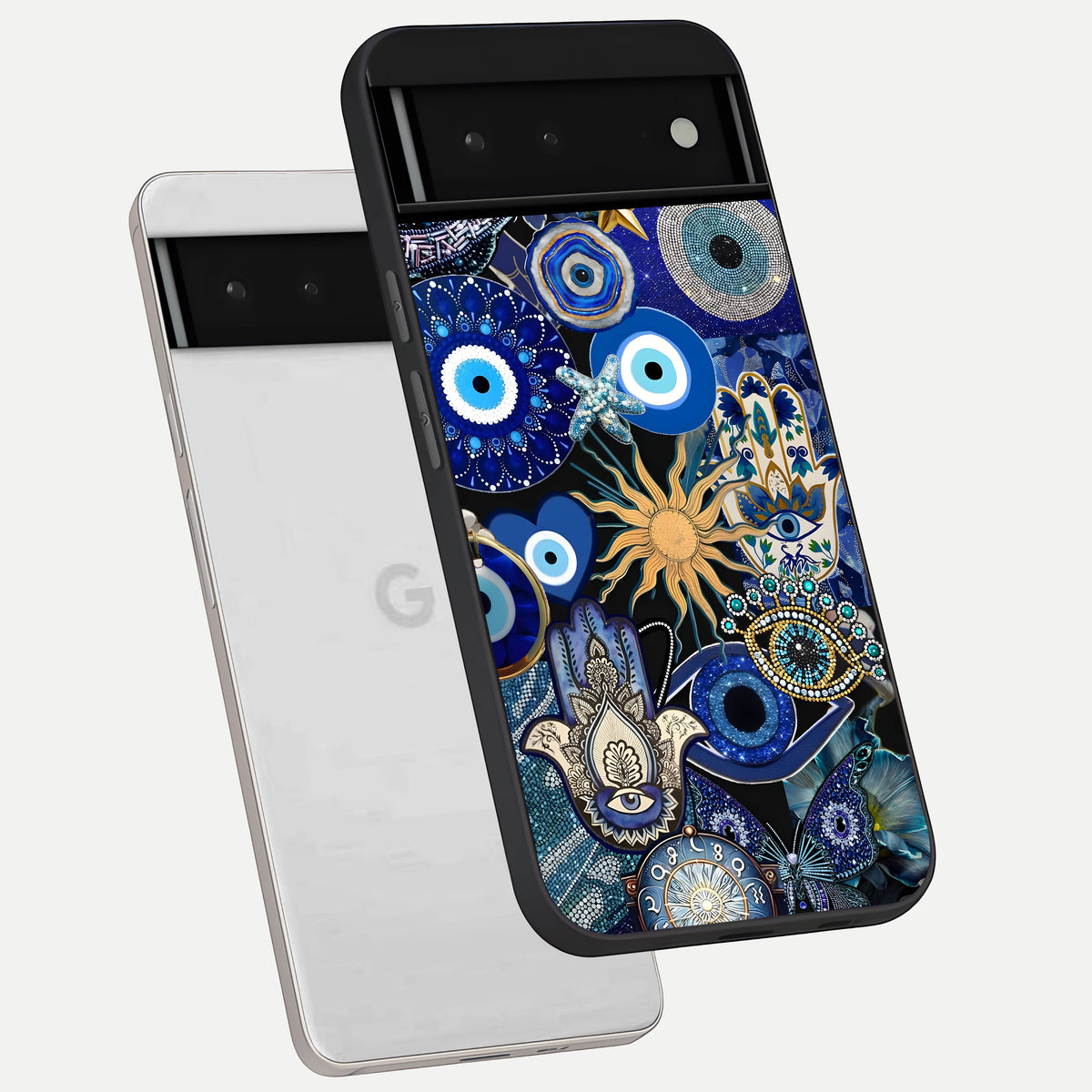  Mystic Blue Evil Eye phone case For Google Pixel 6 showing premium glass back cover with detailed artwork