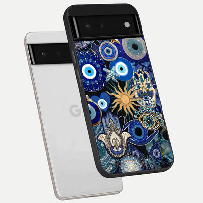  Mystic Blue Evil Eye phone case For Google Pixel 6 showing premium glass back cover with detailed artwork