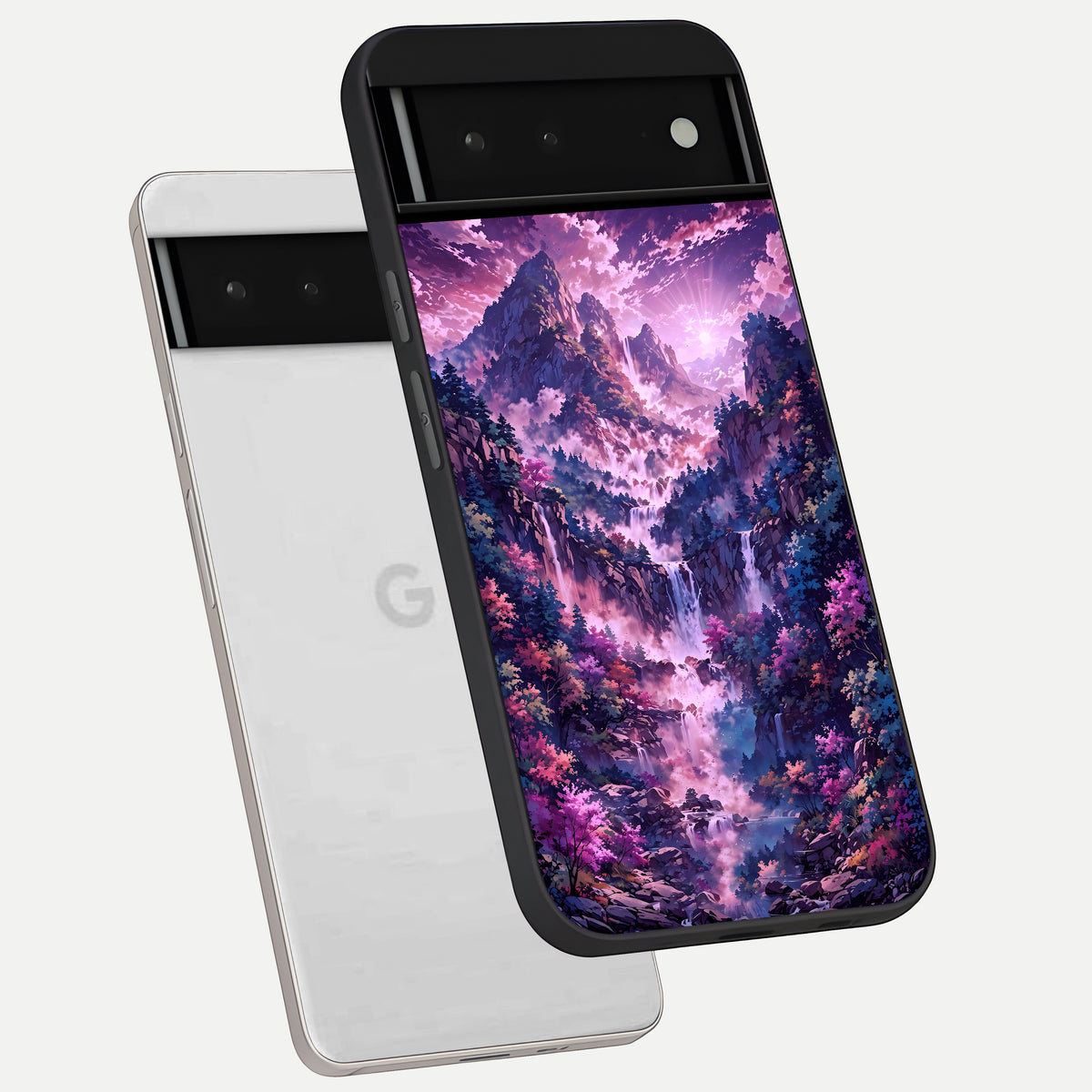  Mystic Cascade Peaks phone case For Google Pixel 6 showing premium glass back cover with detailed artwork