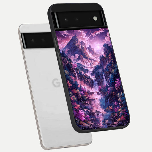  Mystic Cascade Peaks phone case For Google Pixel 6 showing premium glass back cover with detailed artwork