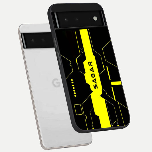  Neon CYBERPUNK Custom Name phone case For Google Pixel 6 showing premium glass back cover with detailed artwork