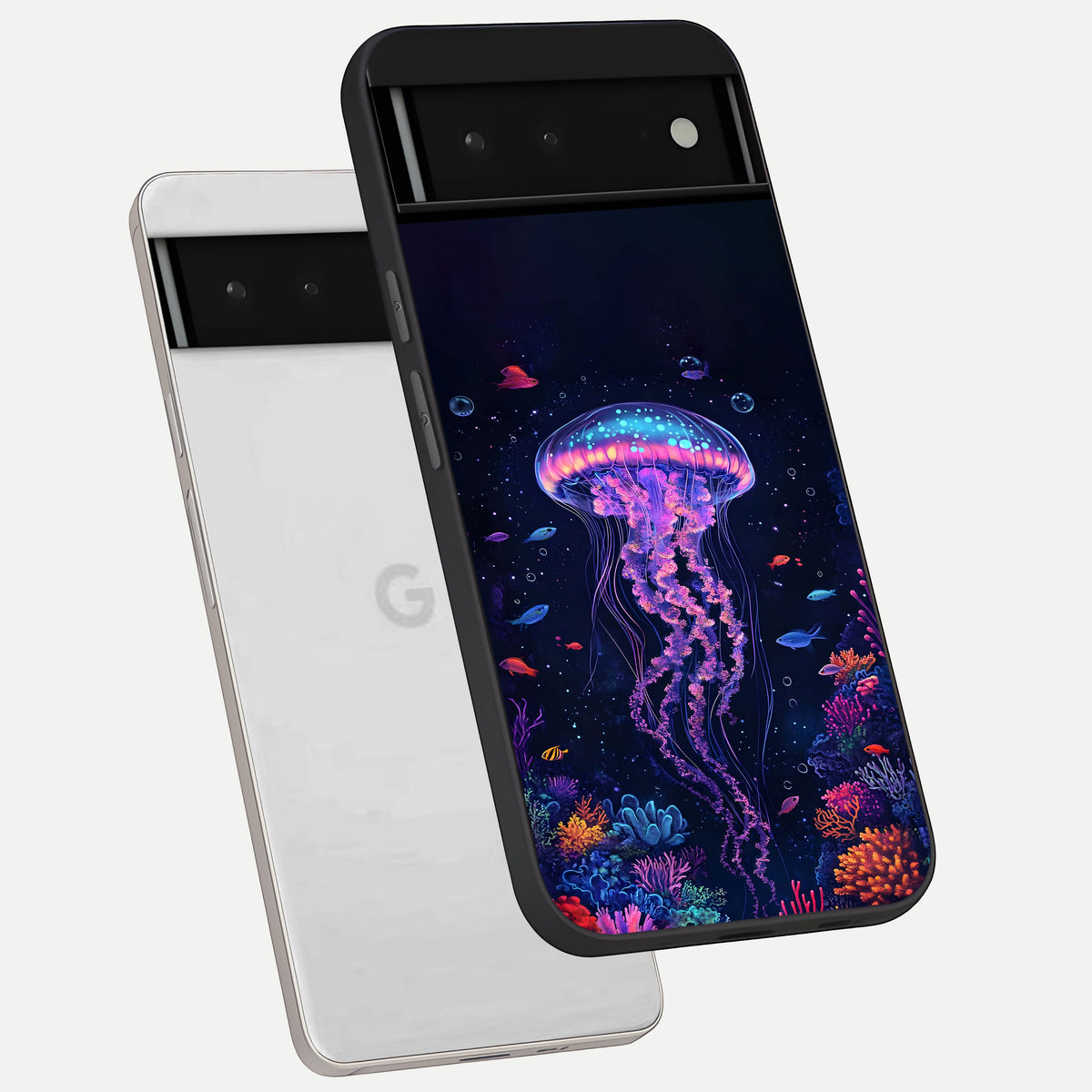  Neon Jellyfish phone case For Google Pixel 6 showing premium glass back cover with detailed artwork