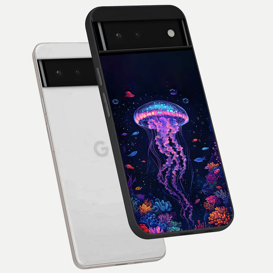  Neon Jellyfish phone case For Google Pixel 6 showing premium glass back cover with detailed artwork