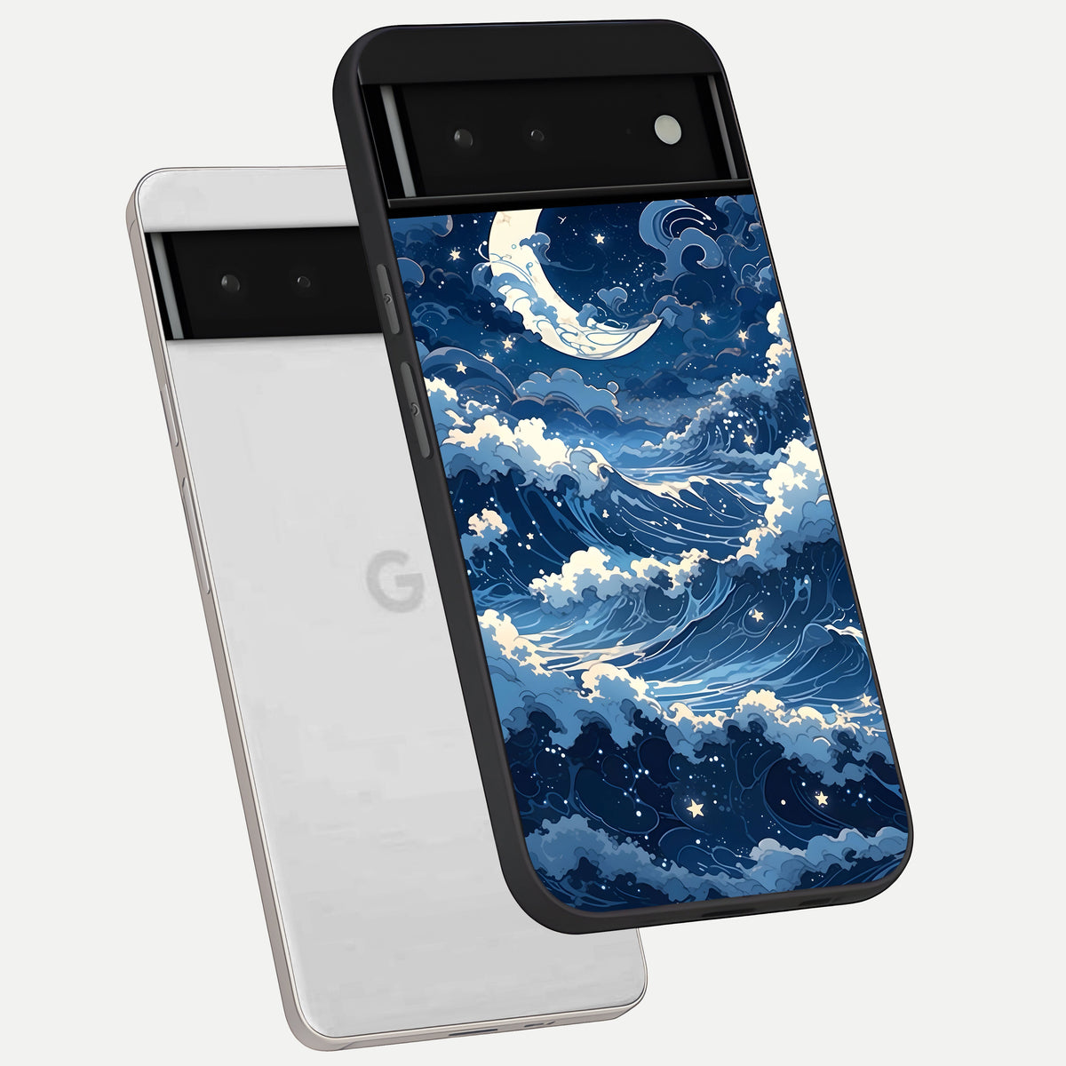  Ocean Moon Waves phone case For Google Pixel 6 showing premium glass back cover with detailed artwork