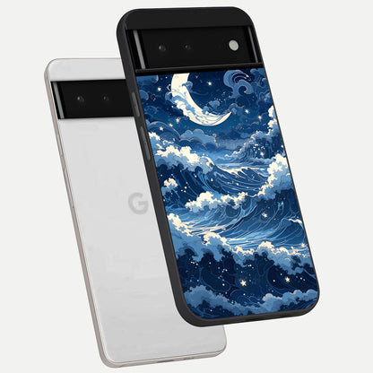  Ocean Moon Waves phone case For Google Pixel 6 showing premium glass back cover with detailed artwork