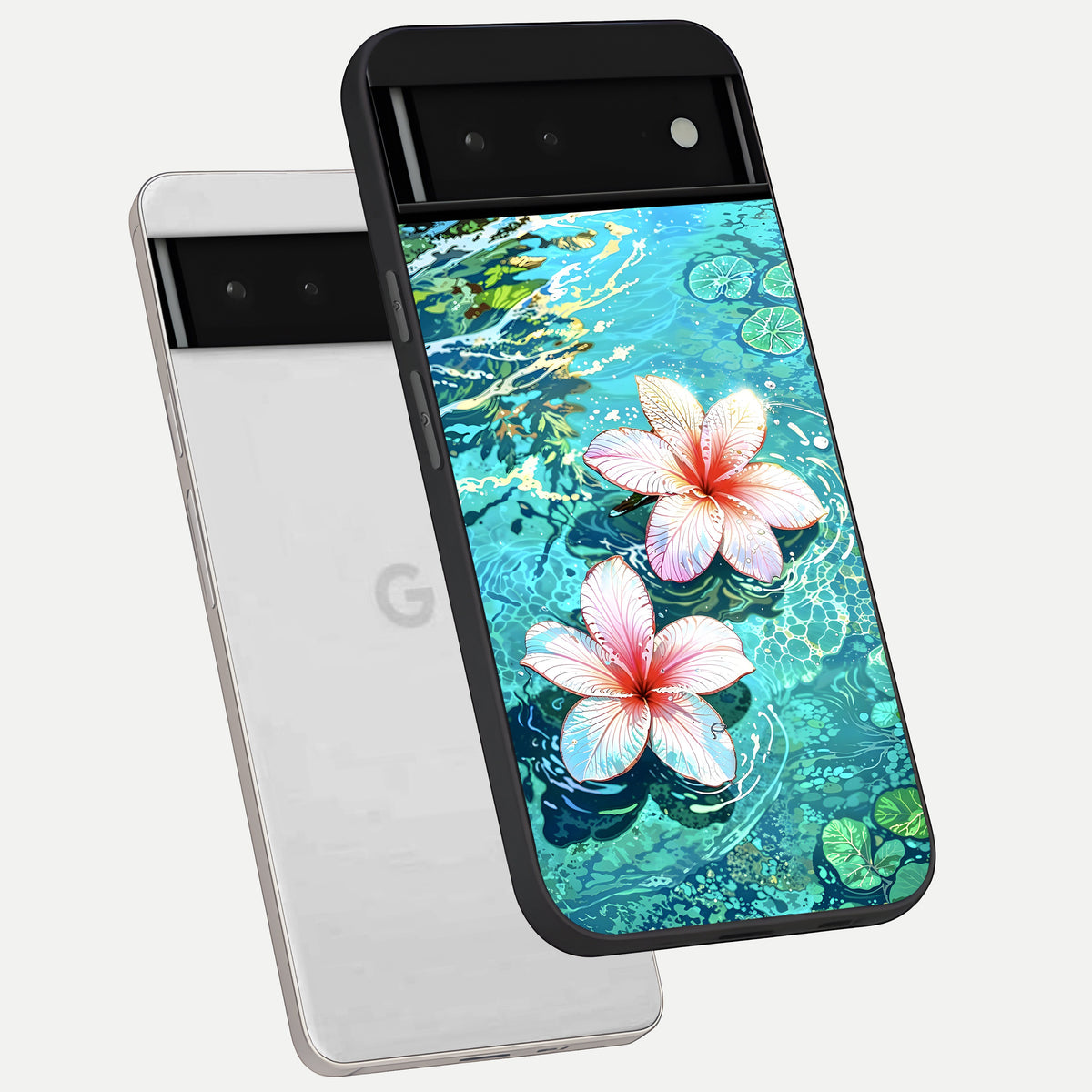  Pink Flowers in Water phone case For Google Pixel 6 showing premium glass back cover with detailed artwork