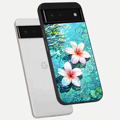  Pink Flowers in Water phone case For Google Pixel 6 showing premium glass back cover with detailed artwork