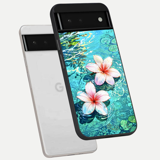  Pink Flowers in Water phone case For Google Pixel 6 showing premium glass back cover with detailed artwork