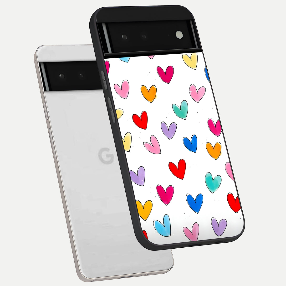  Playful Love Doodles phone case For Google Pixel 6 showing premium glass back cover with detailed artwork