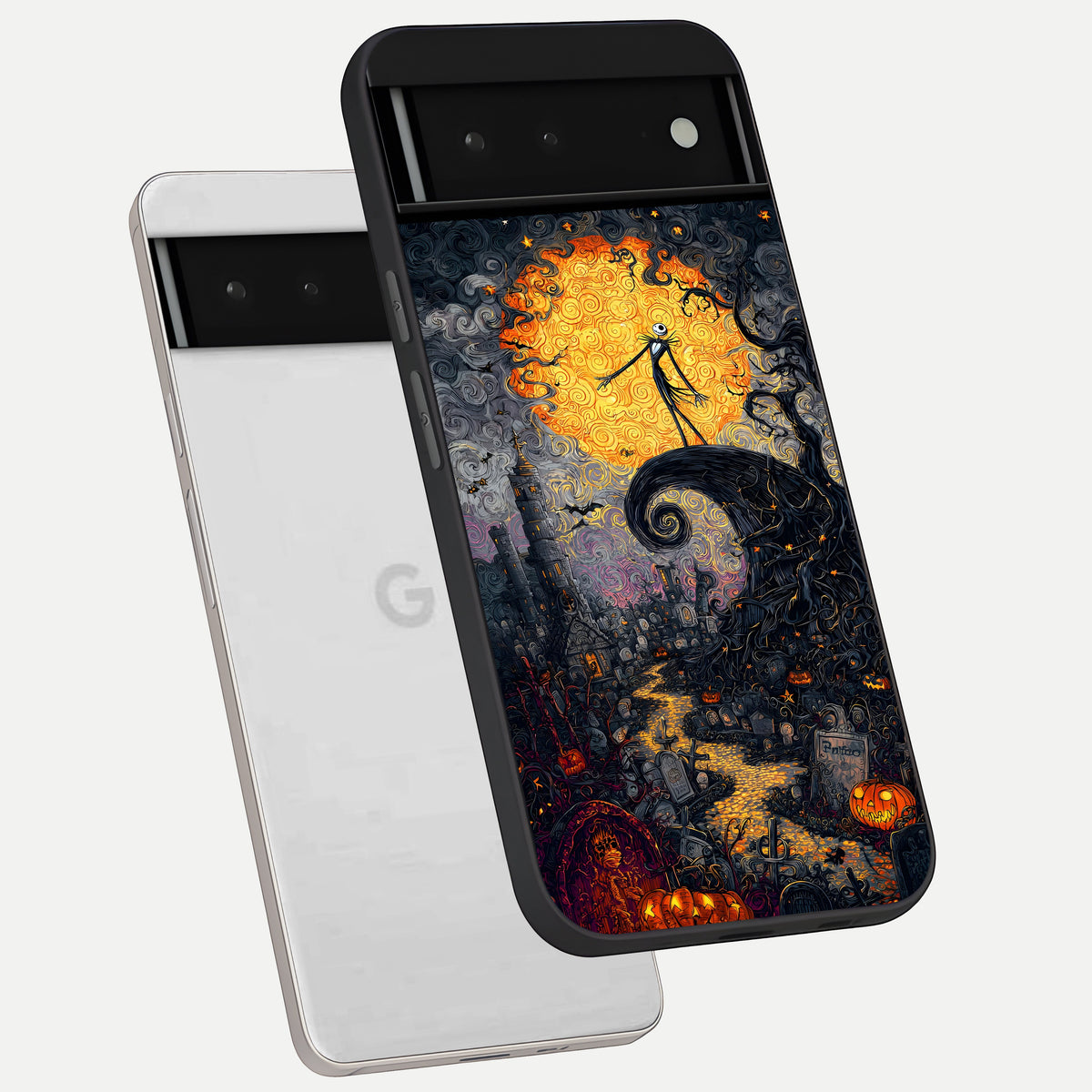 Pumpkin Moon Night phone case For Google Pixel 6 showing premium glass back cover with detailed artwork