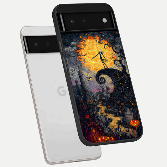  Pumpkin Moon Night phone case For Google Pixel 6 showing premium glass back cover with detailed artwork