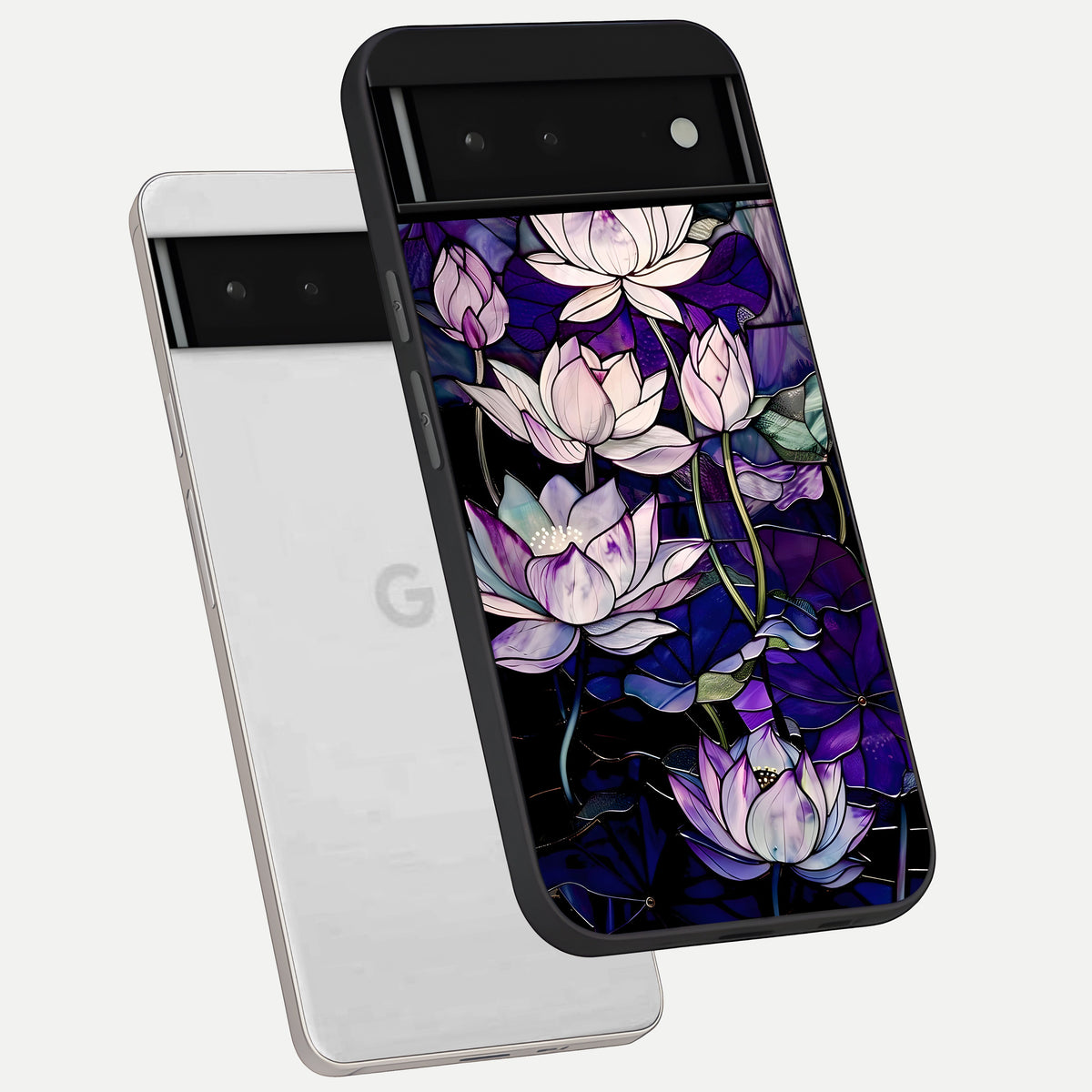  Purple Lotus Pattern phone case For Google Pixel 6 showing premium glass back cover with detailed artwork
