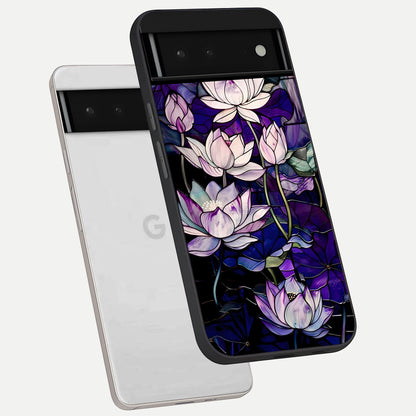  Purple Lotus Pattern phone case For Google Pixel 6 showing premium glass back cover with detailed artwork