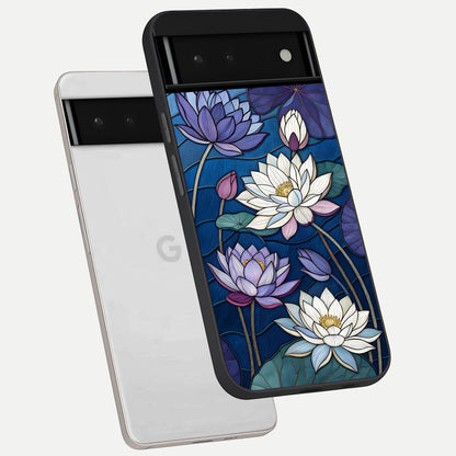  Purple Lotus Stained phone case For Google Pixel 6 showing premium glass back cover with detailed artwork