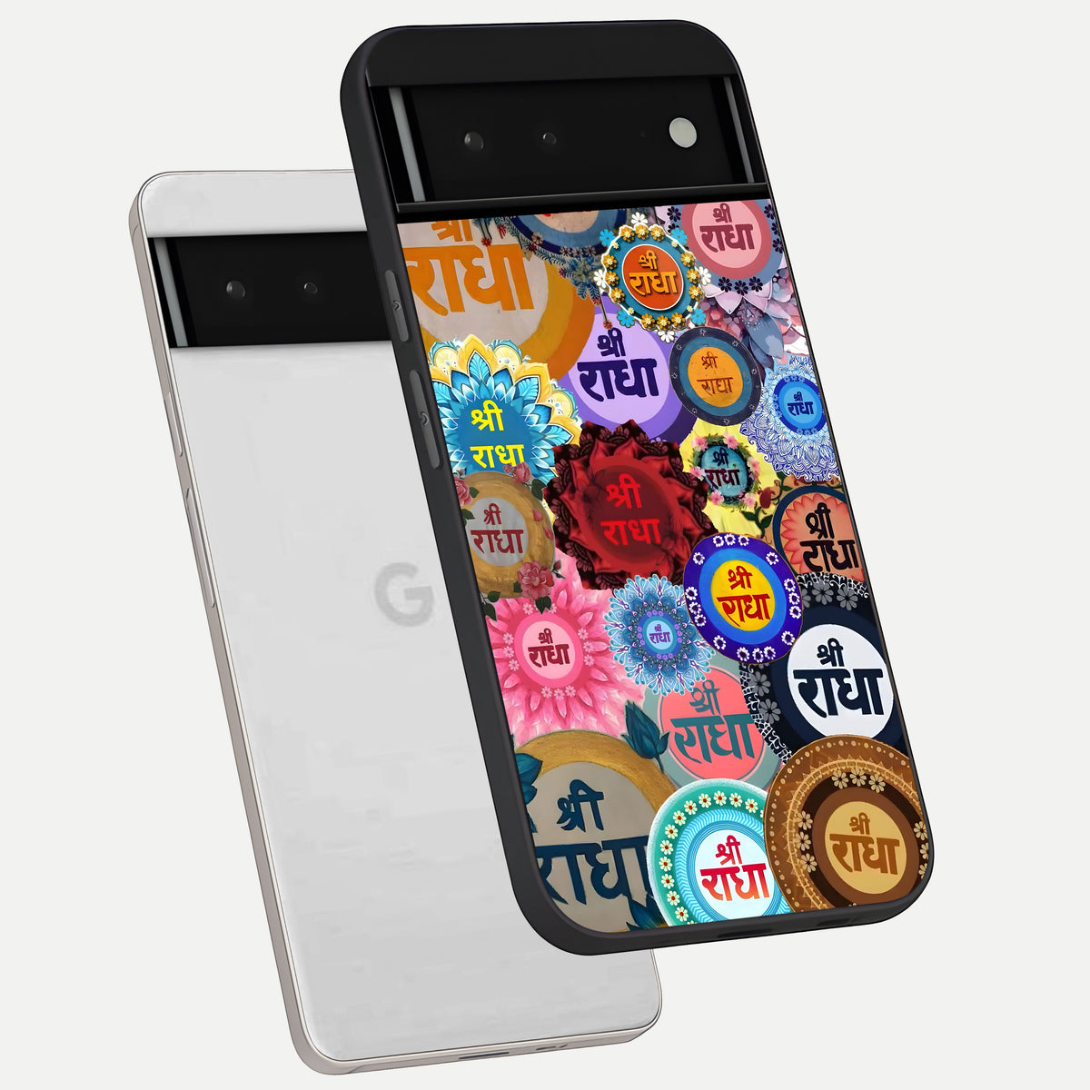  Radha Divine Bloom phone case For Google Pixel 6 showing premium glass back cover with detailed artwork