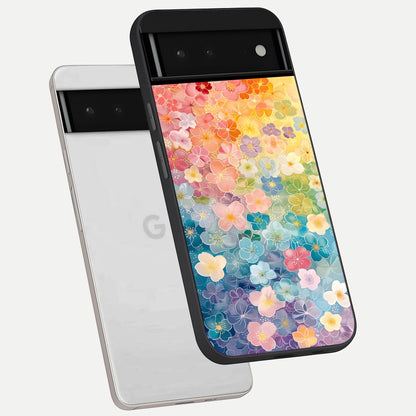  Rainbow Blossom Burst phone case For Google Pixel 6 showing premium glass back cover with detailed artwork
