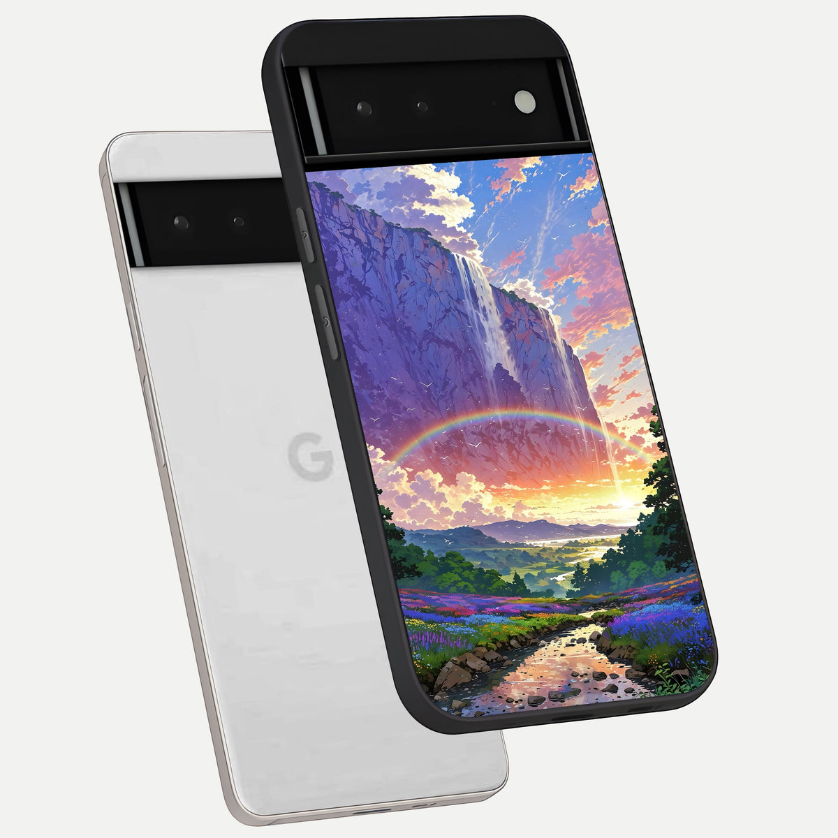  Rainbow Valley Dream phone case For Google Pixel 6 showing premium glass back cover with detailed artwork