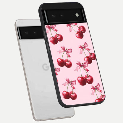  Red Cherries Pattern phone case For Google Pixel 6 showing premium glass back cover with detailed artwork