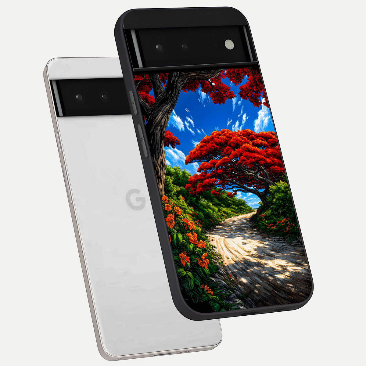  Red Trees Pathway phone case For Google Pixel 6 showing premium glass back cover with detailed artwork