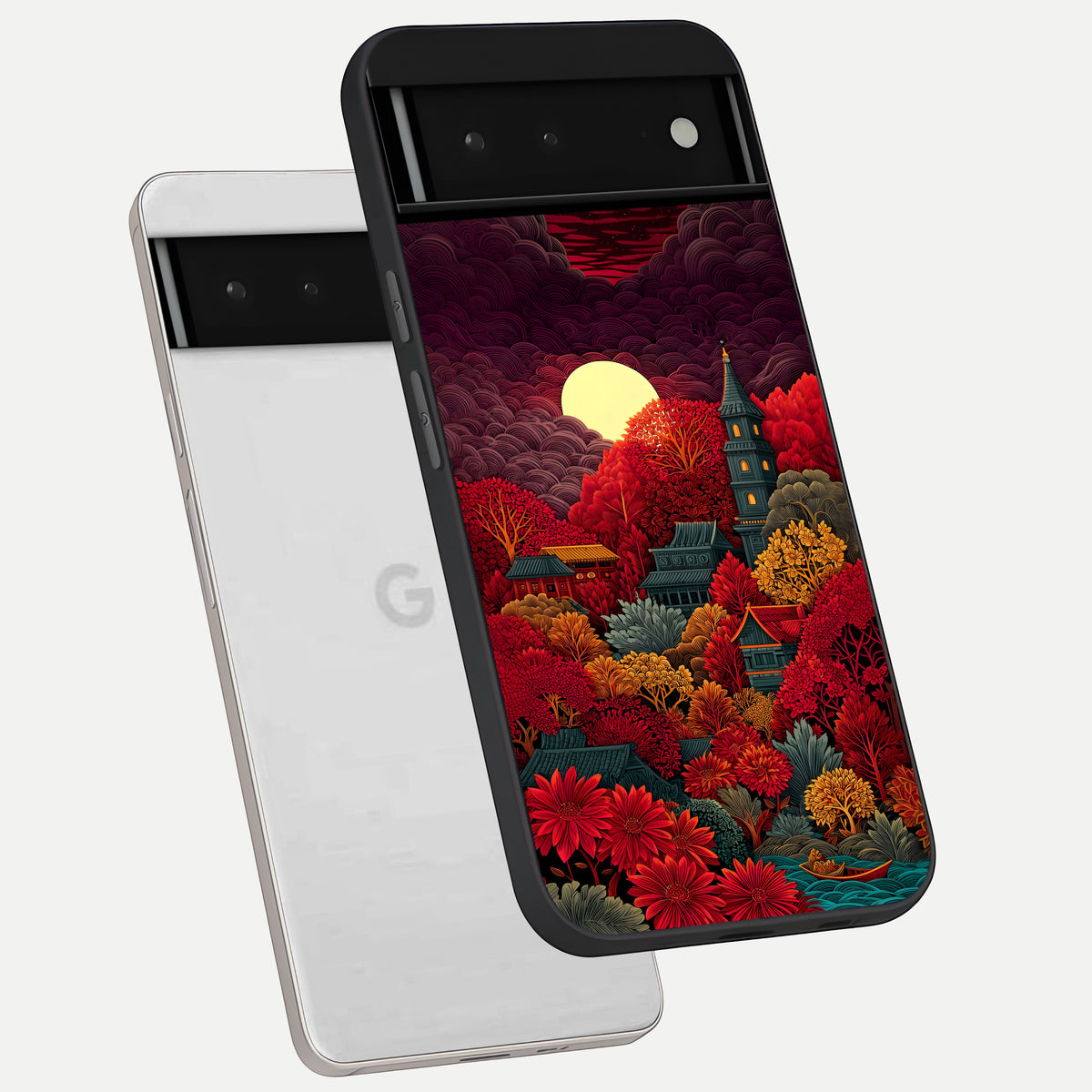  Scarlet Autumn Temple phone case For Google Pixel 6 showing premium glass back cover with detailed artwork