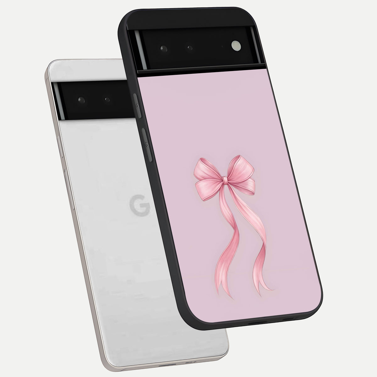  Soft Blush Bow phone case For Google Pixel 6 showing premium glass back cover with detailed artwork