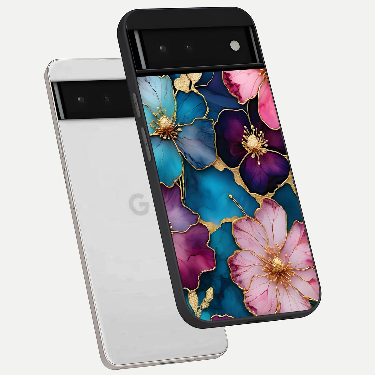  Sparkle Floral phone case For Google Pixel 6 showing premium glass back cover with detailed artwork