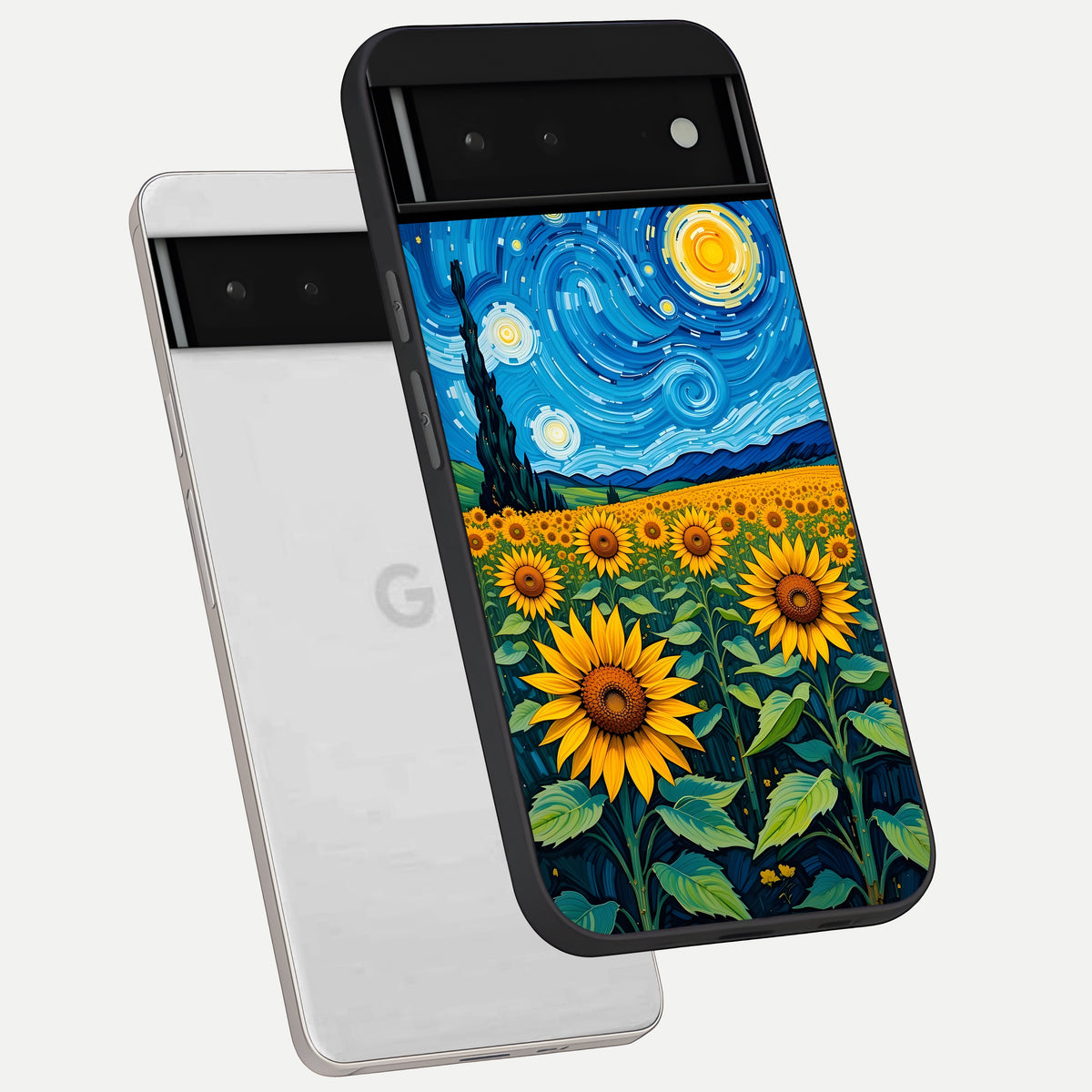  Starry Sunflower Dreams phone case For Google Pixel 6 showing premium glass back cover with detailed artwork