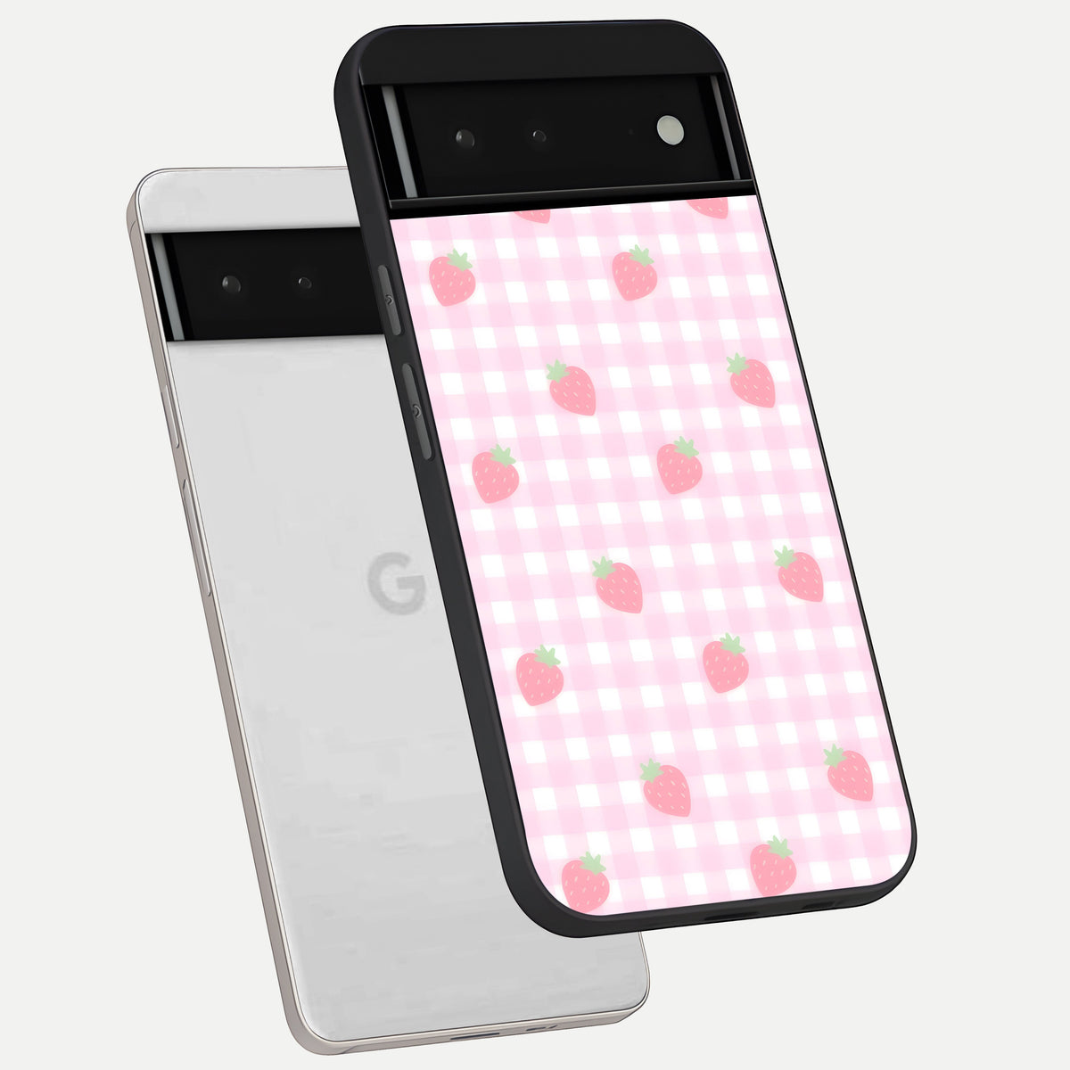  Strawberry Picnic Love phone case For Google Pixel 6 showing premium glass back cover with detailed artwork