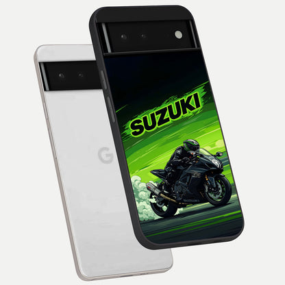  Suzuki Speed Beast phone case For Google Pixel 6 showing premium glass back cover with detailed artwork