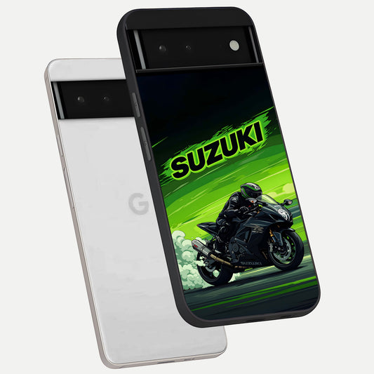  Suzuki Speed Beast phone case For Google Pixel 6 showing premium glass back cover with detailed artwork