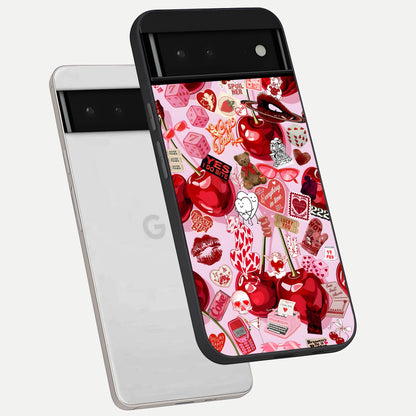  Sweet Cherry Chaos phone case For Google Pixel 6 showing premium glass back cover with detailed artwork