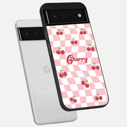  Sweet Cherry Vibes phone case For Google Pixel 6 showing premium glass back cover with detailed artwork