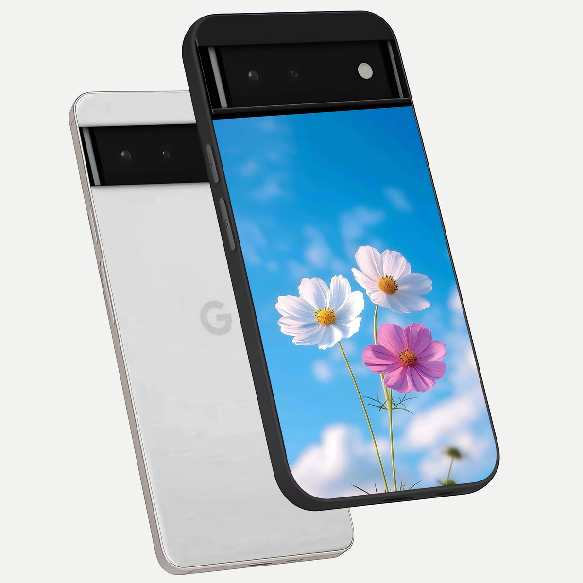  Tripple Flowers With Sky phone case For Google Pixel 6 showing premium glass back cover with detailed artwork