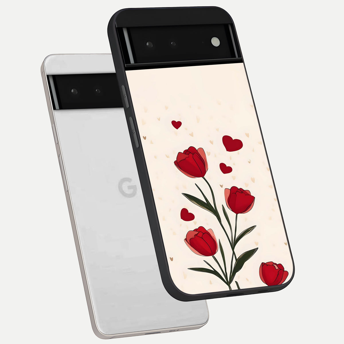  Tulip With Heart phone case For Google Pixel 6 showing premium glass back cover with detailed artwork