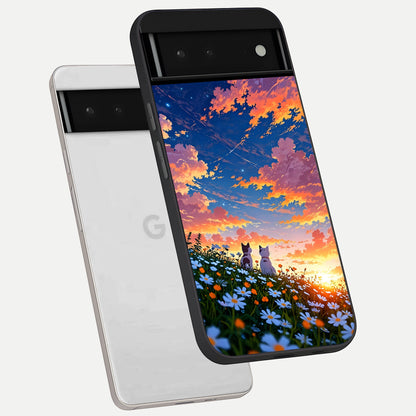  Two Cats Friends phone case For Google Pixel 6 showing premium glass back cover with detailed artwork
