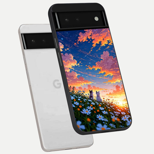  Two Cats Friends phone case For Google Pixel 6 showing premium glass back cover with detailed artwork