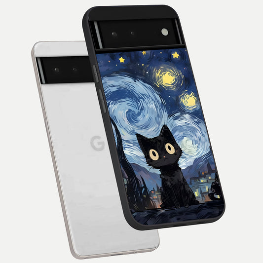  Van Gogh Cat phone case For Google Pixel 6 showing premium glass back cover with detailed artwork