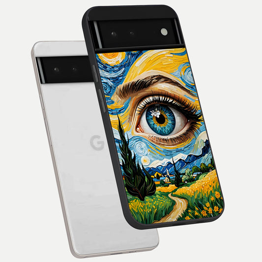  Van Gogh Eye phone case For Google Pixel 6 showing premium glass back cover with detailed artwork