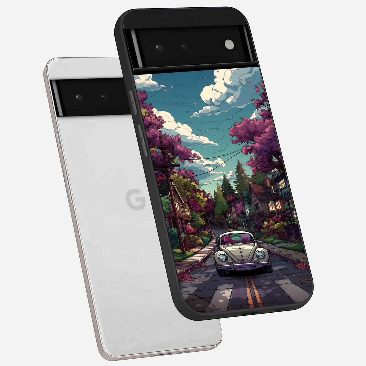  Vintage Street Drive phone case For Google Pixel 6 showing premium glass back cover with detailed artwork