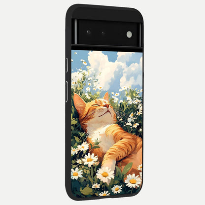  Cat And Flowers View back cover For Google Pixel 6 slim fit glass case with vibrant aesthetic design