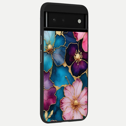  Sparkle Floral back cover For Google Pixel 6 slim fit glass case with vibrant aesthetic design